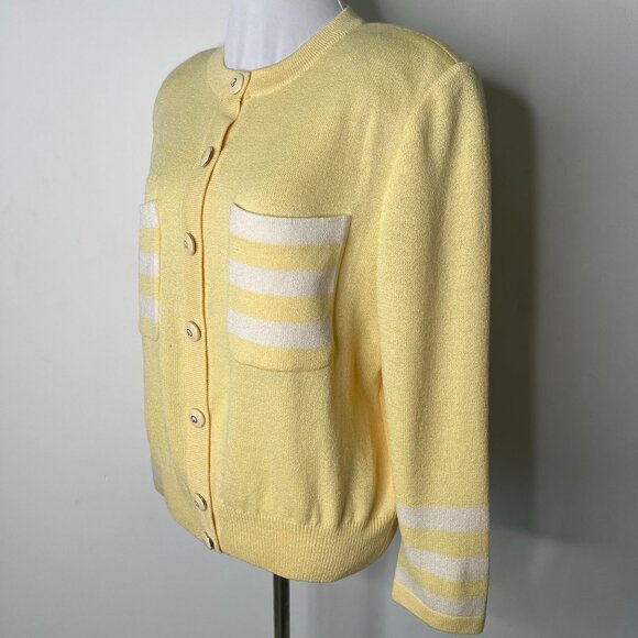 St. John by Marie Gray Women's Yellow Knit Button Down Striped Cardigan 14 - Picture 3 of 11